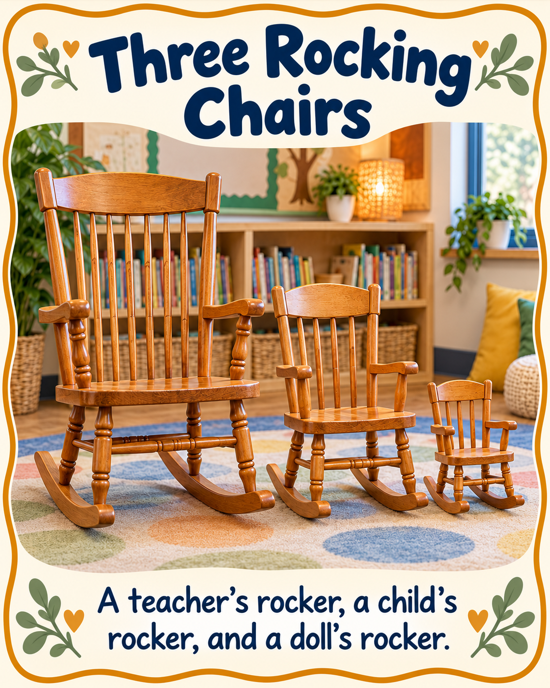 “Three wooden rocking chairs in adult, child, and doll sizes.”