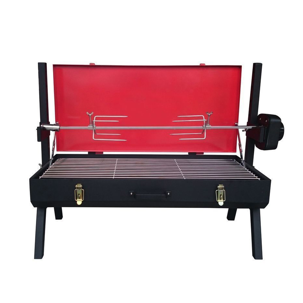 A photo of a small Spit roaster with red lid