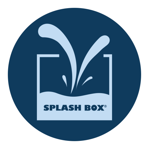 A flat illustration of a box with water in it, with a big splash coming up through the top and the words Splash Box written in all caps along the bottom.