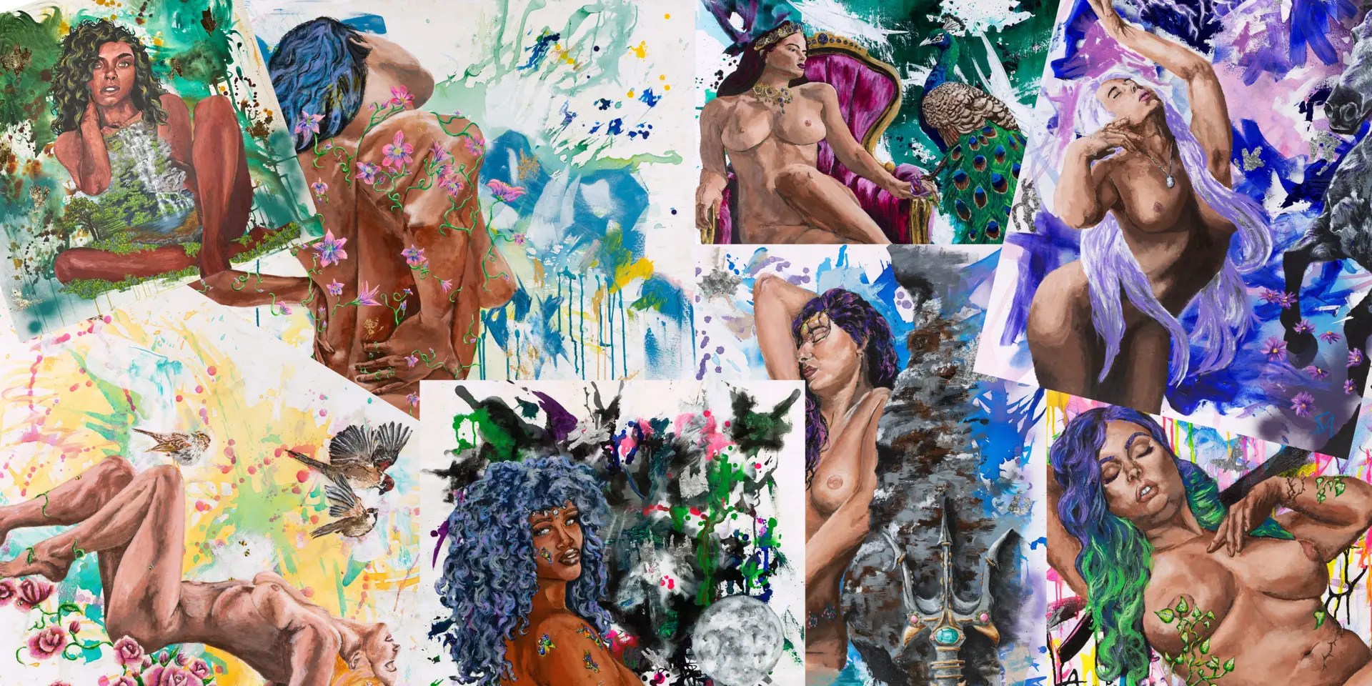 Collage of colorful figurative paintings from the Goddess Collection, featuring nude figures, symbolic elements, and expressive brushwork.