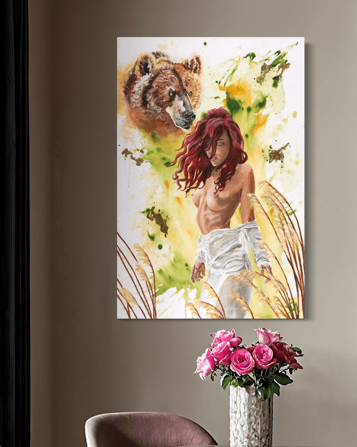 Aura: Goddess of the Breeze original painting displayed in a modern interior
