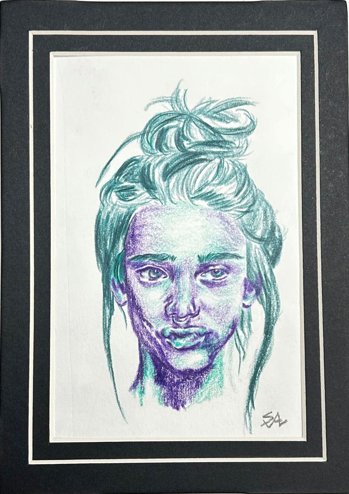 Original colored pencil portrait drawing titled Sage matted to fit a 5x7 frame by Shalee Talbert