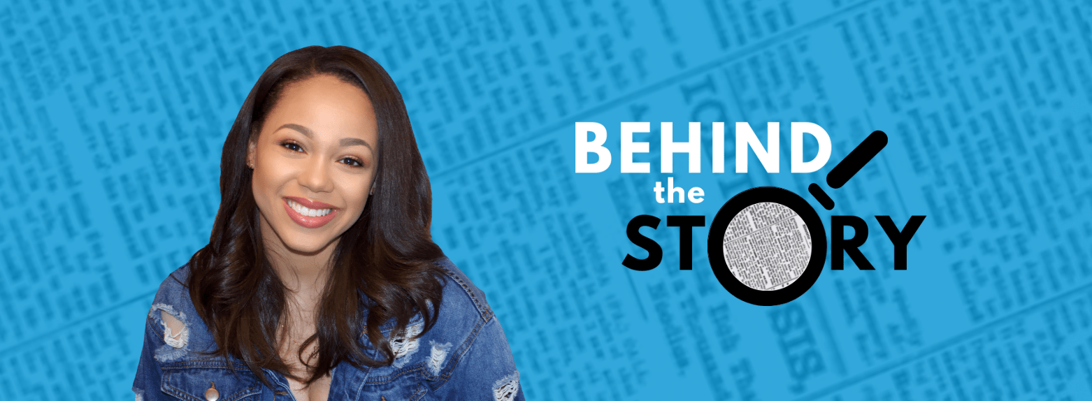 Haley Jackson headshot with the Behind The Story logo to the right.