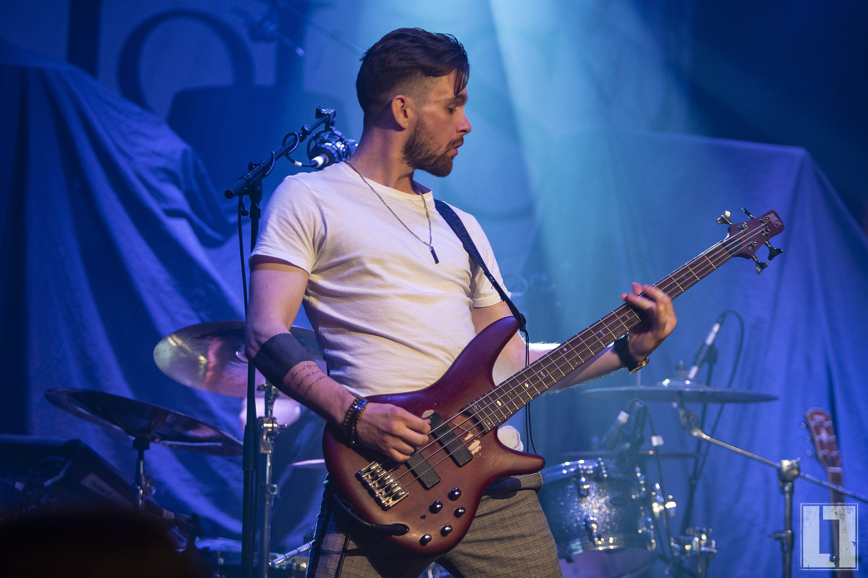 Miles Bagshaw playing bass for liberty lies live on tour with Inglorious