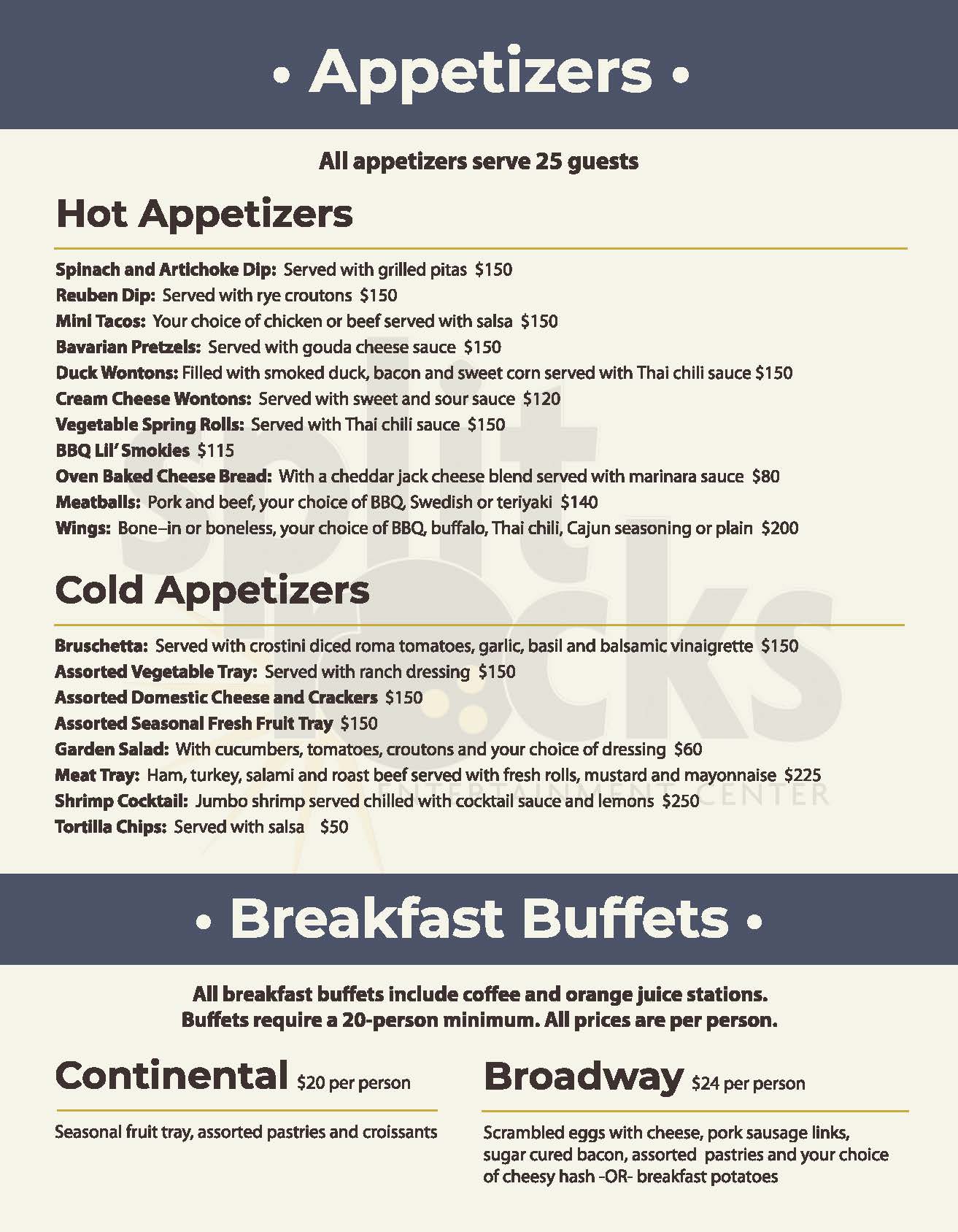 Splitrocks Banquet Menu