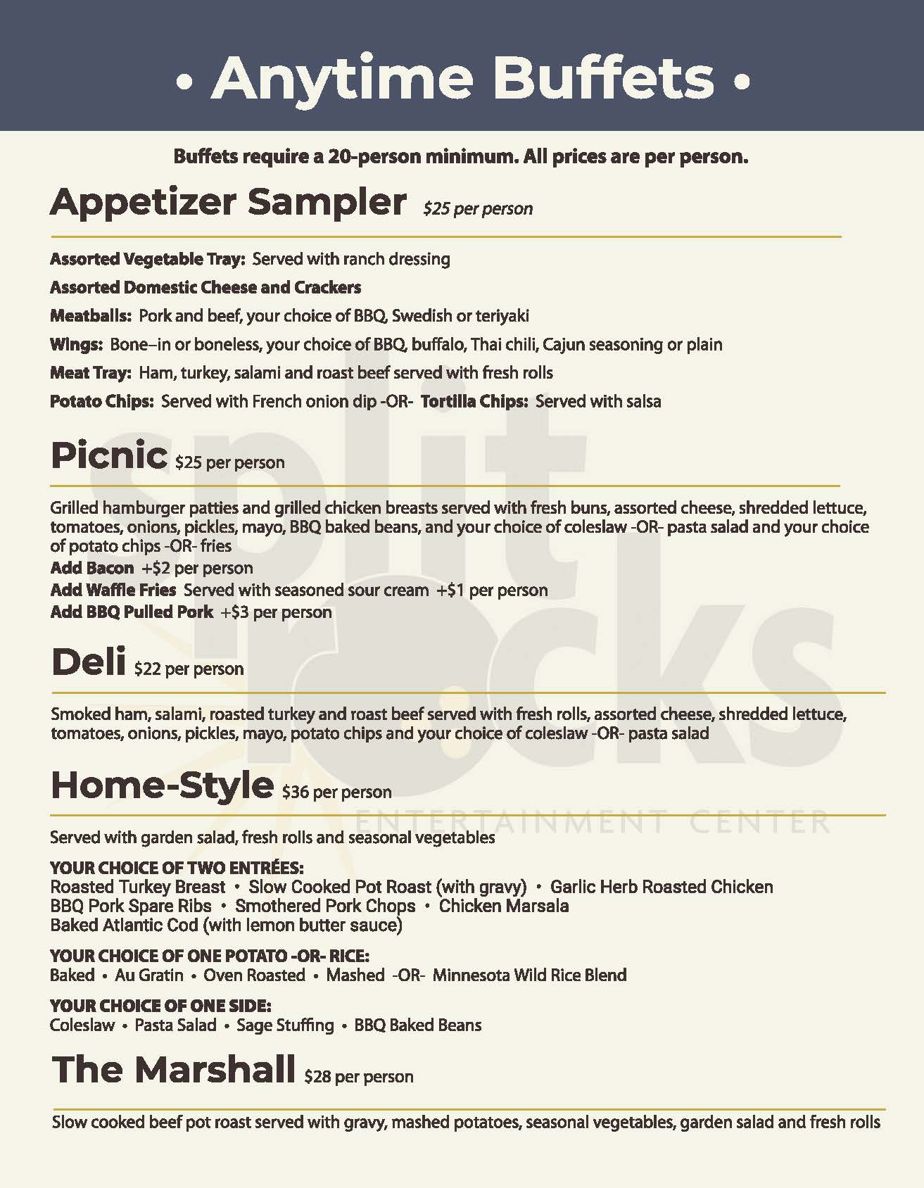 Splitrocks Banquet Menu