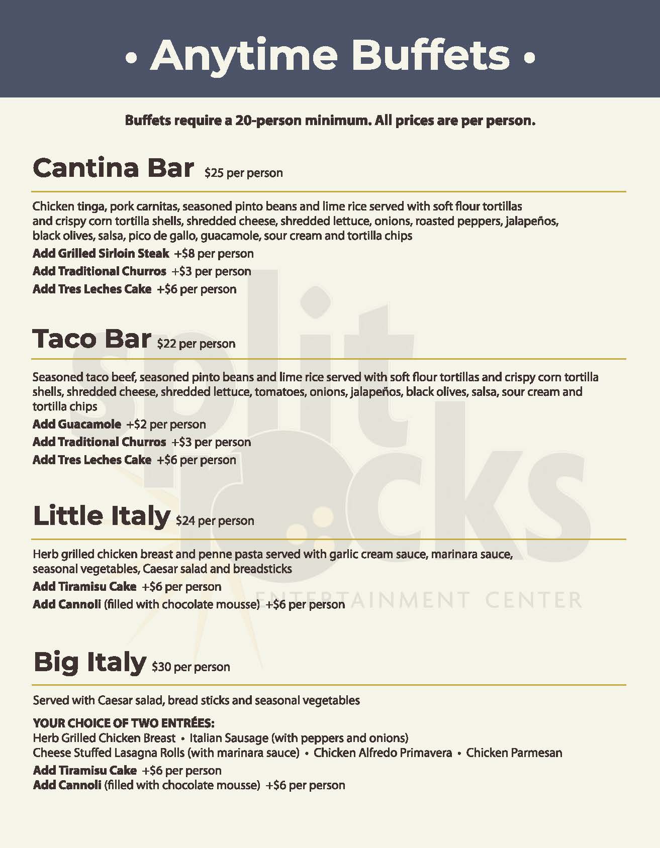 Splitrocks Banquet Menu