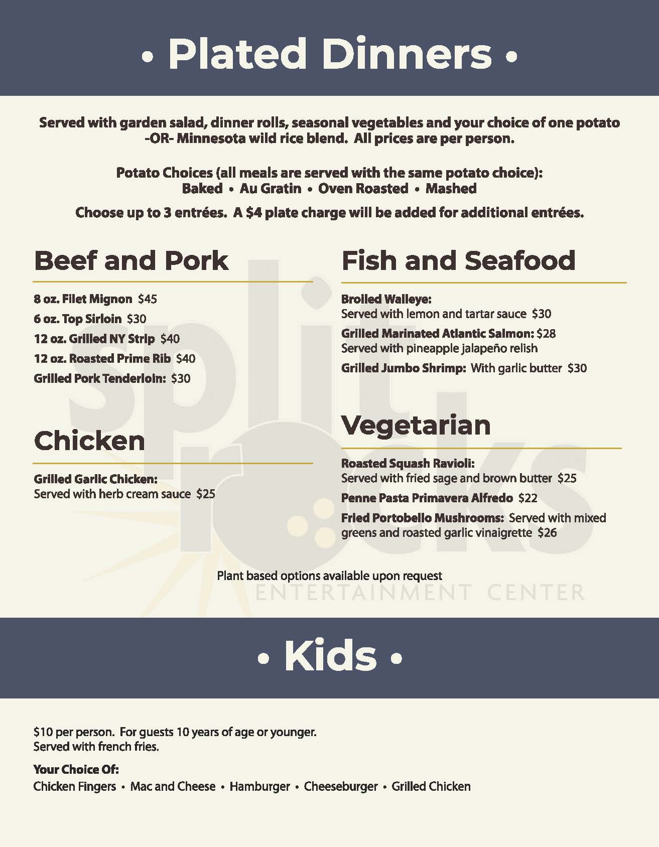 Splitrocks Banquet Menu