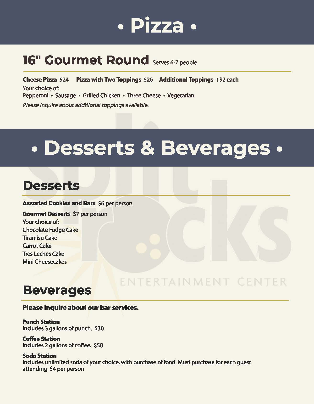 Splitrocks Banquet Menu