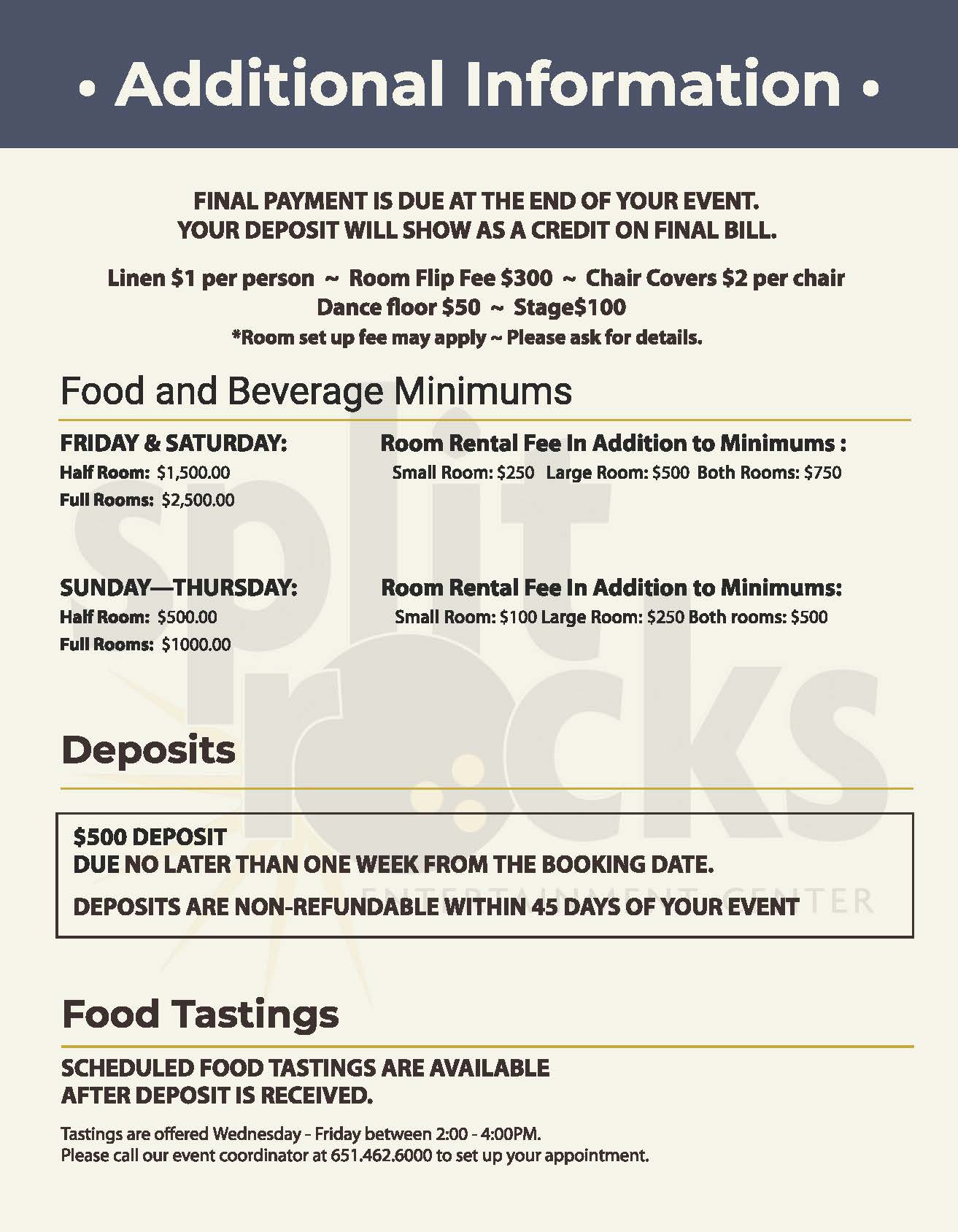 Splitrocks Banquet Menu