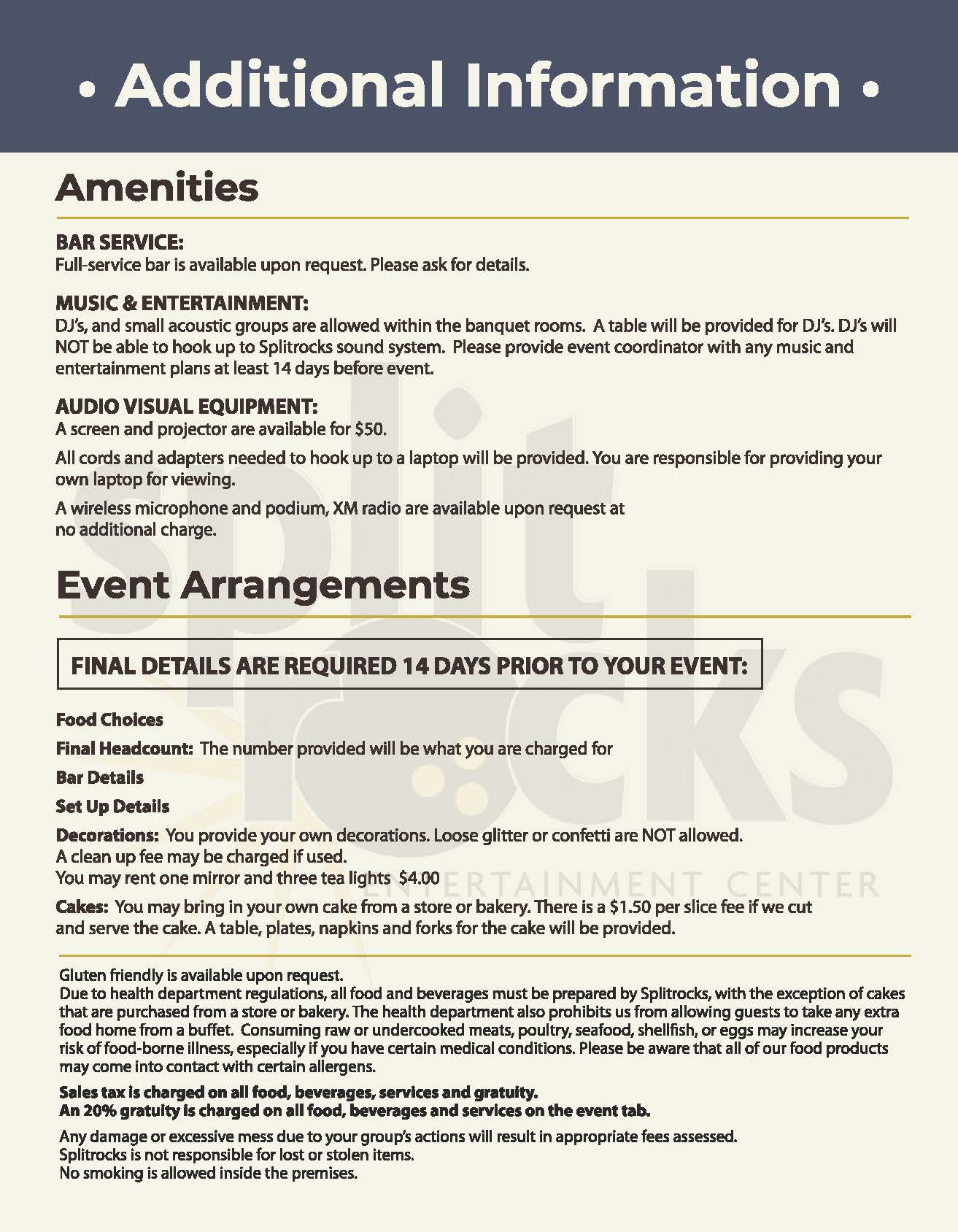 Splitrocks Banquet Menu