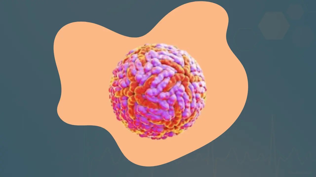 3D representation of a virus particle displayed against a colorful abstract background, emphasizing its intricate surface structures.