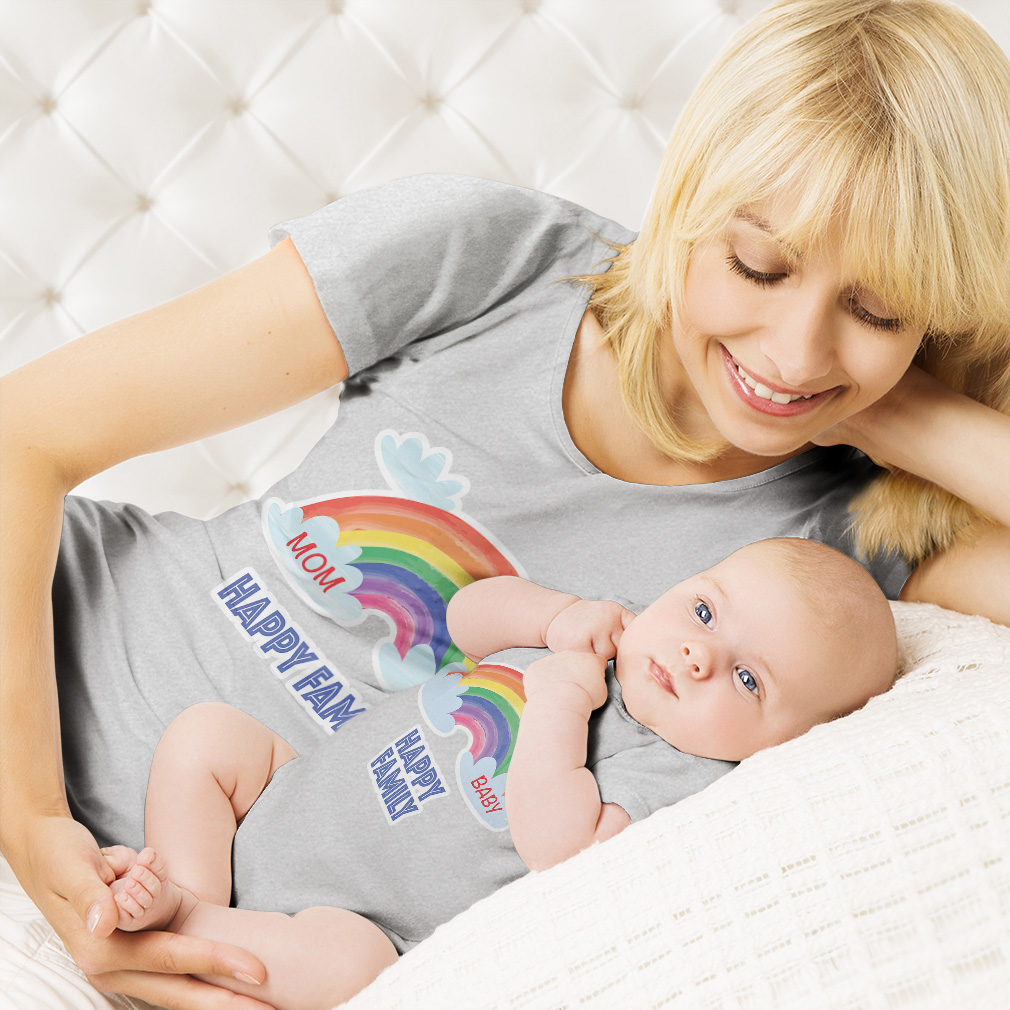 Mom and baby matching outfits mom baby happy family rainbow clouds