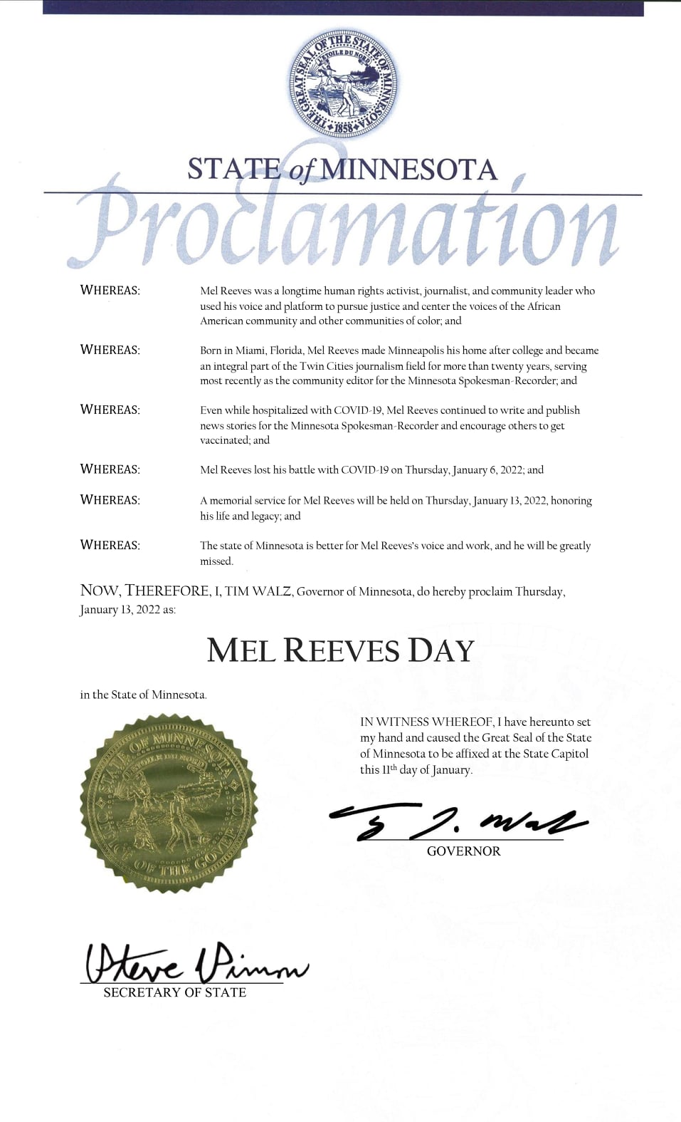 Gov. Walz declares Jan. 13, 2022, 'Mel Reeves Day' in the State of ...
