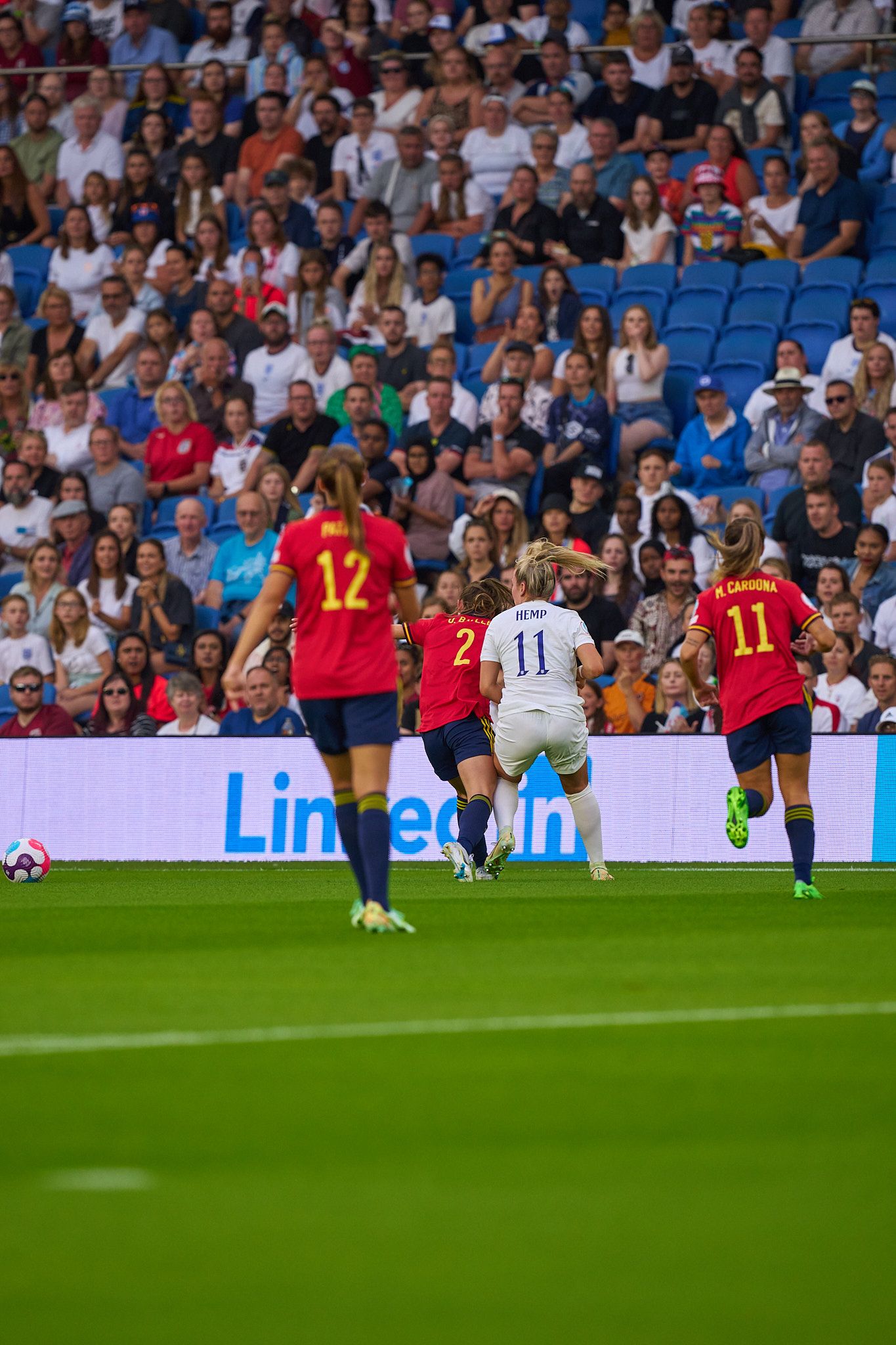 Spain defending against England in the UEFA Women’s EURO quarter final.