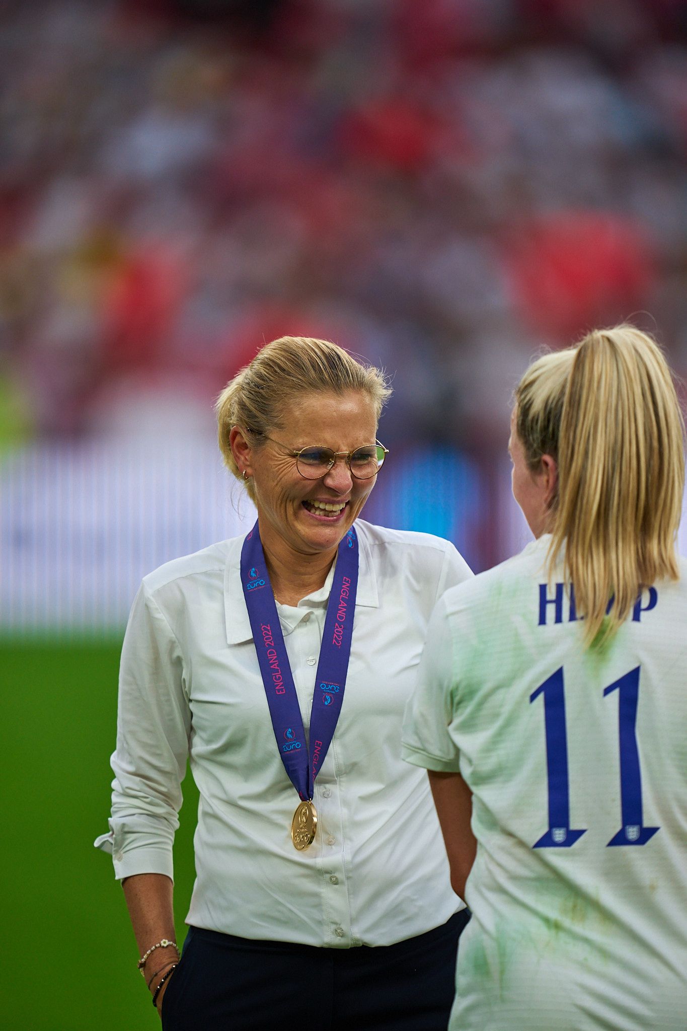 Sarina Wiegman celebrates England's win. England vs Germany. UEFA Women's Euro 2022 Final.