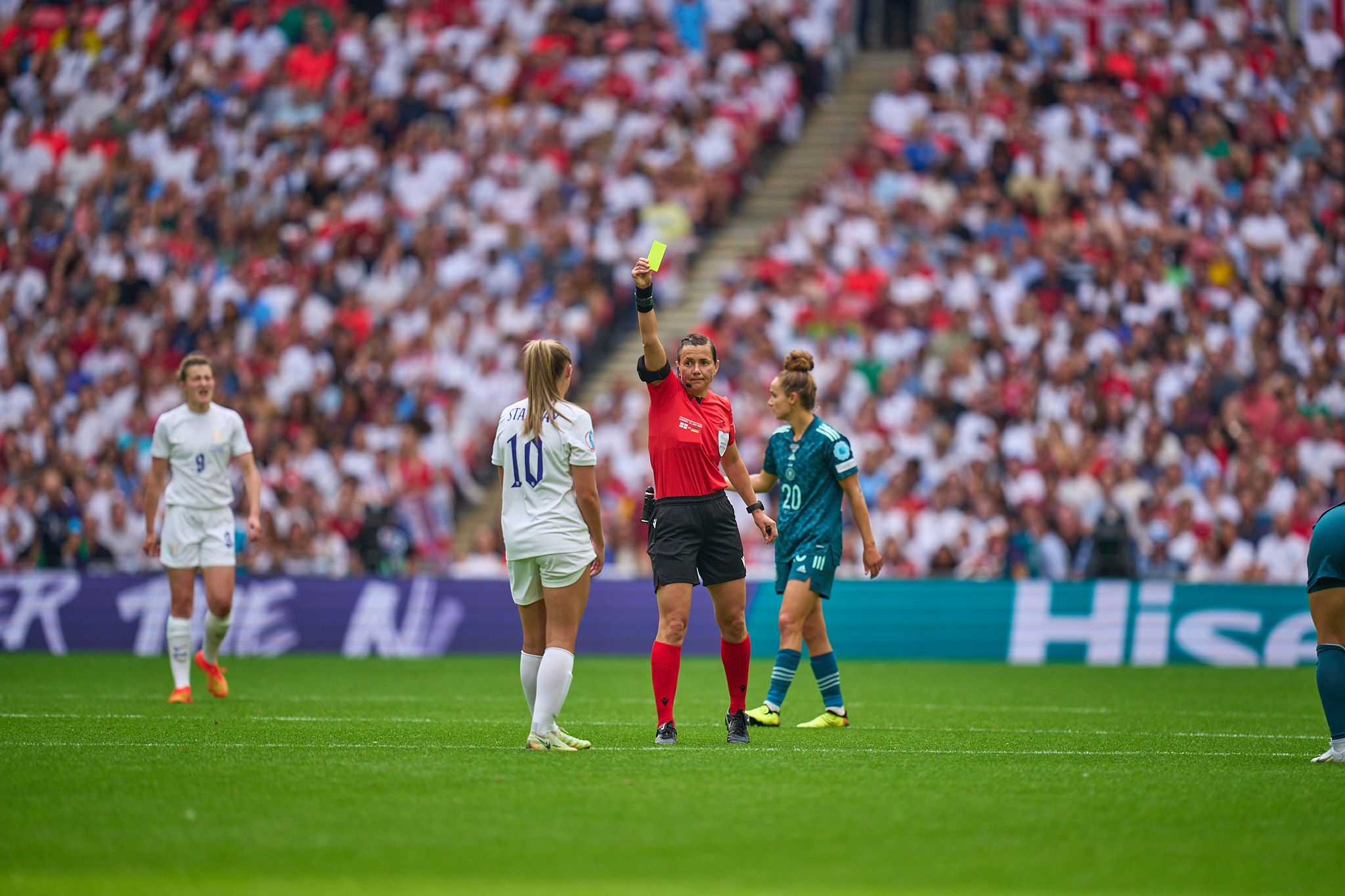 Yellow card for Georgia Stanway. England vs Germany. UEFA Women's Euro 2022 Final.