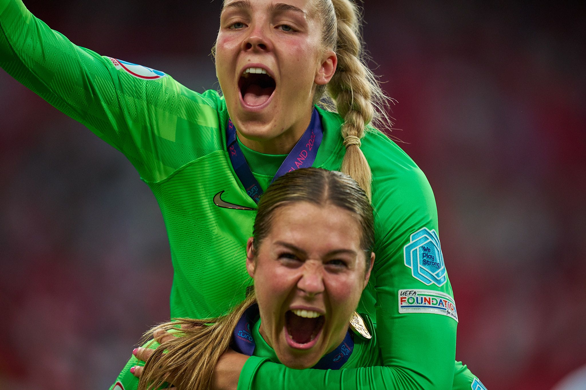 Ellie Roebuck and Mary Earps celebrates England's win. England vs Germany. UEFA Women's Euro 2022 Final.