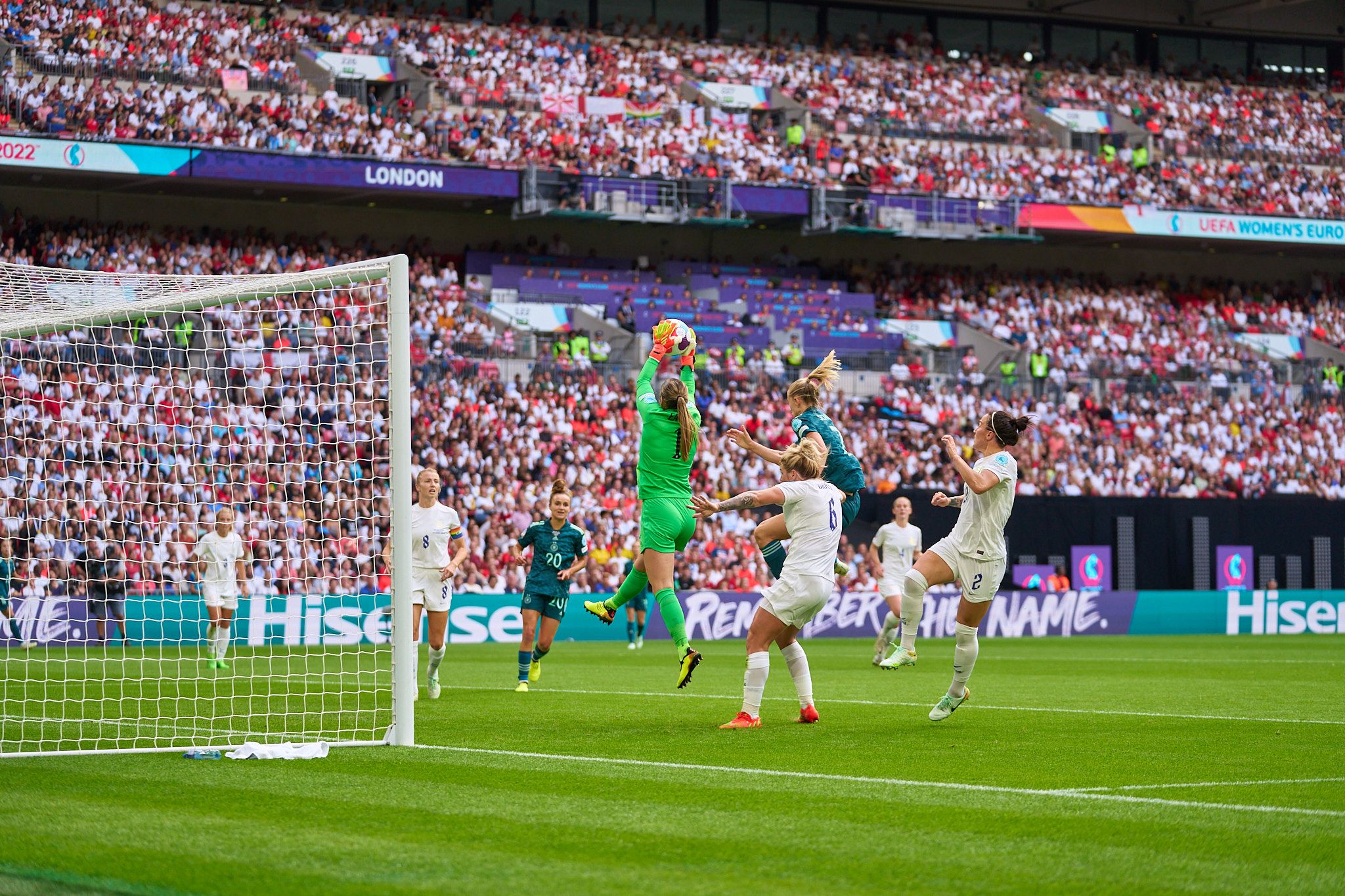 Earps saves the goal. England vs Germany. UEFA Women's Euro 2022 Final.
