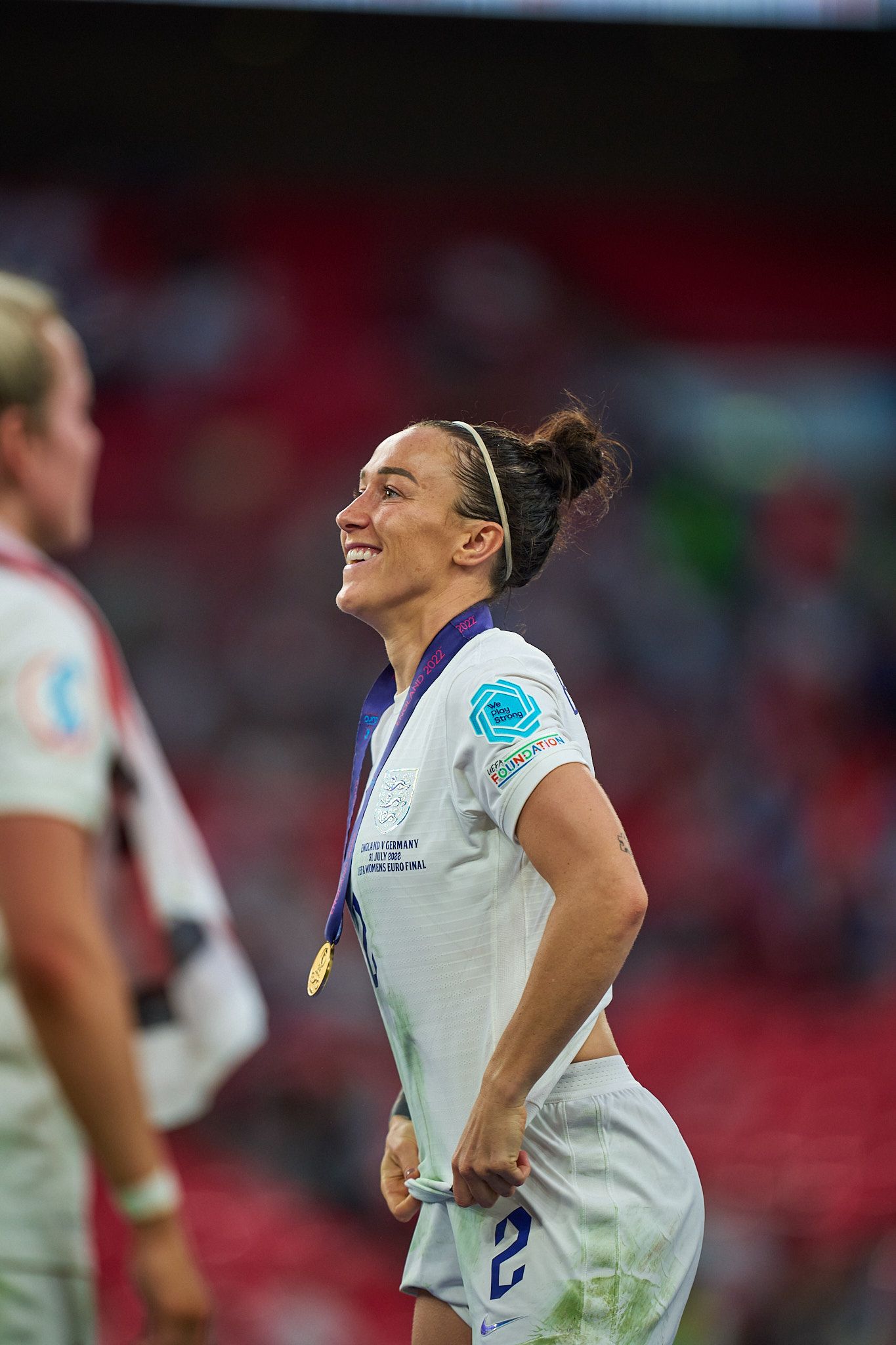 Lucy Bronze celebrates England's win. England vs Germany. UEFA Women's Euro 2022 Final.