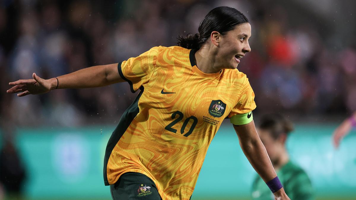 Sam Kerr celebrating her goal for the Matildas.