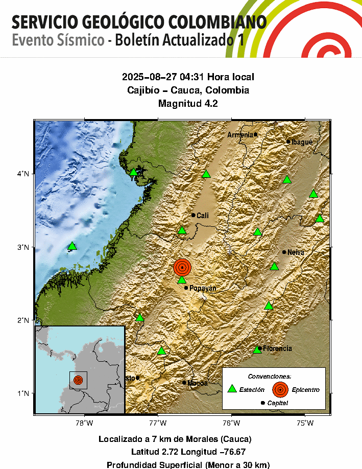 Temblor hoy en Departamento del Cauca