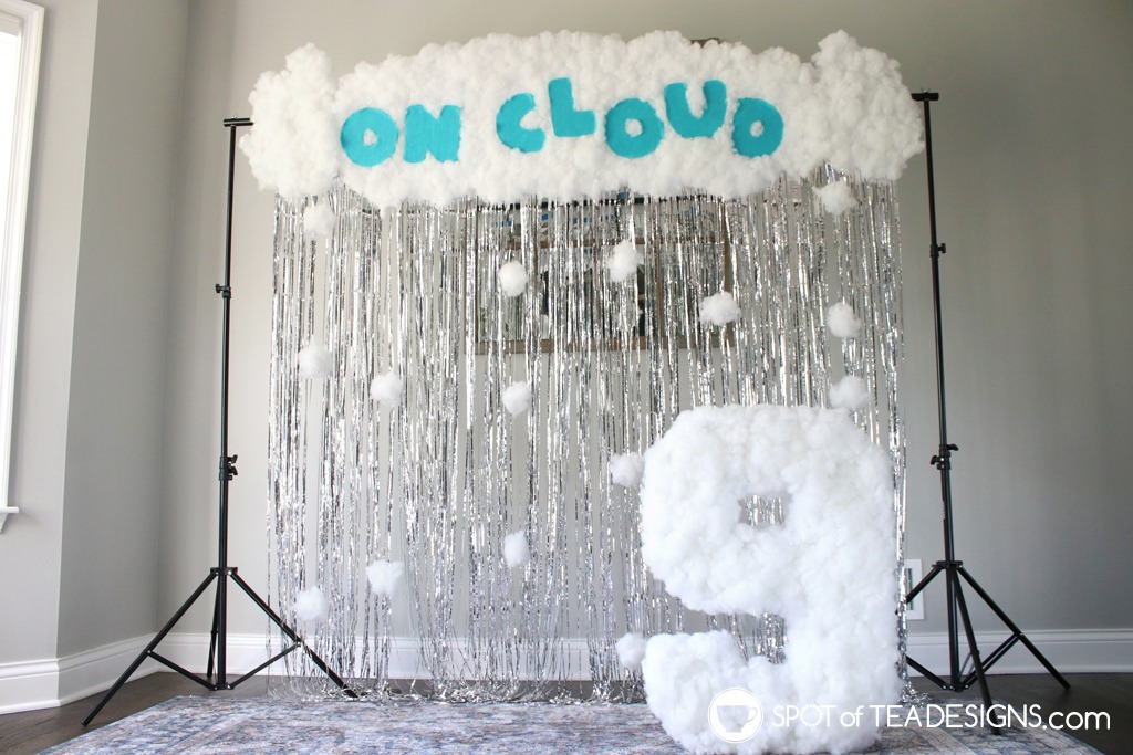 On Cloud 9 DIY Baby Shower Backdrop with PolyFil clouds | spotofteadesigns.com