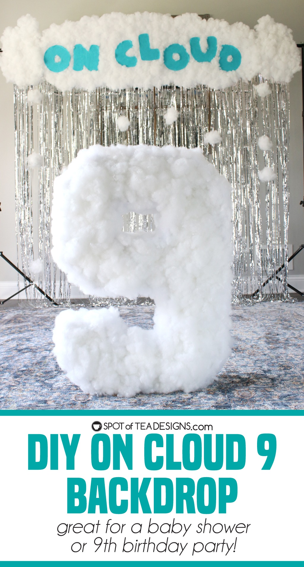 On Cloud 9 DIY Baby Shower Backdrop with PolyFil clouds | spotofteadesigns.com