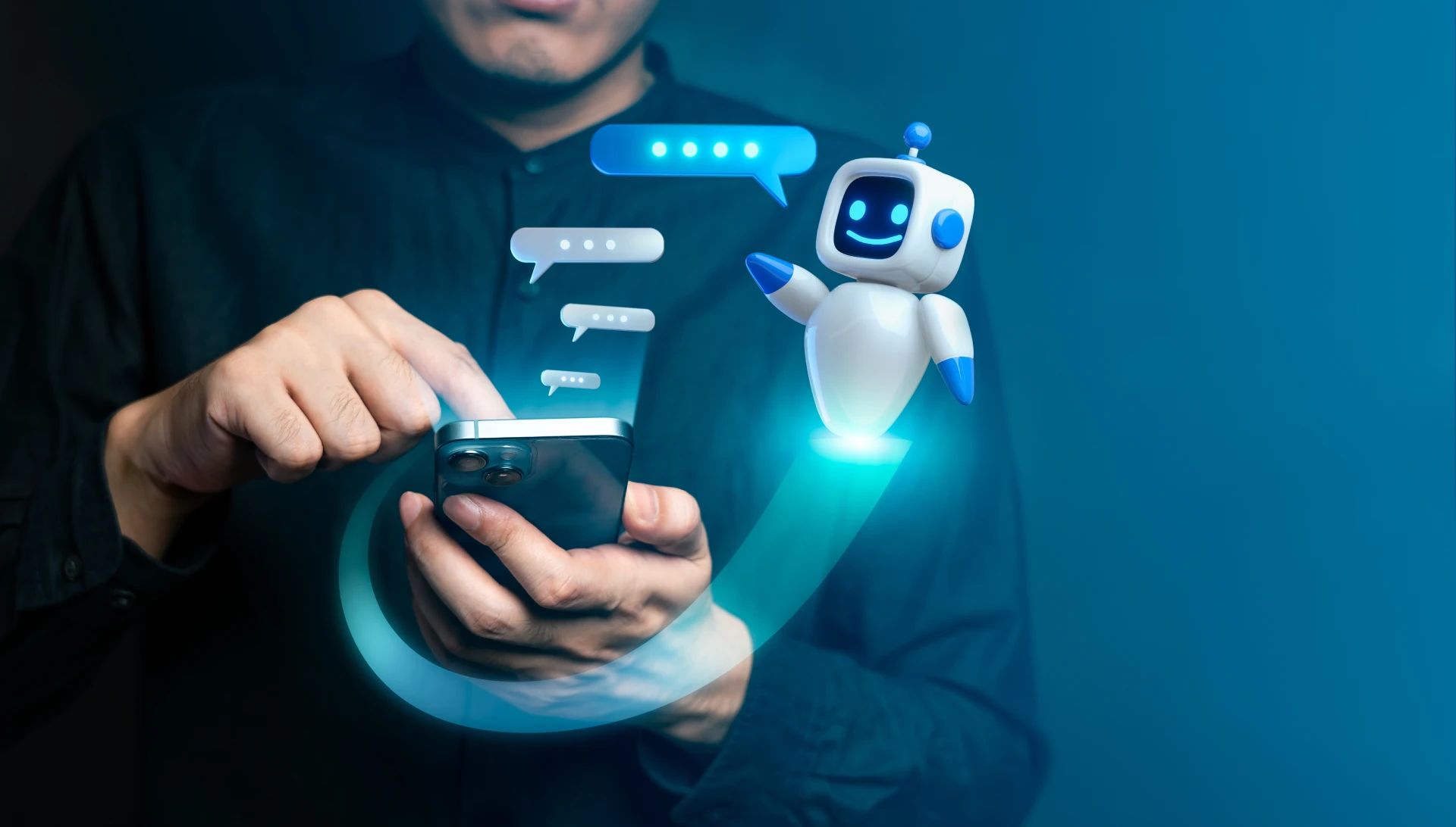 Persona que utiliza un smartphone para interactuar con un chatbot de IA amigable, lo que ilustra la tecnología moderna y la comunicación digital.