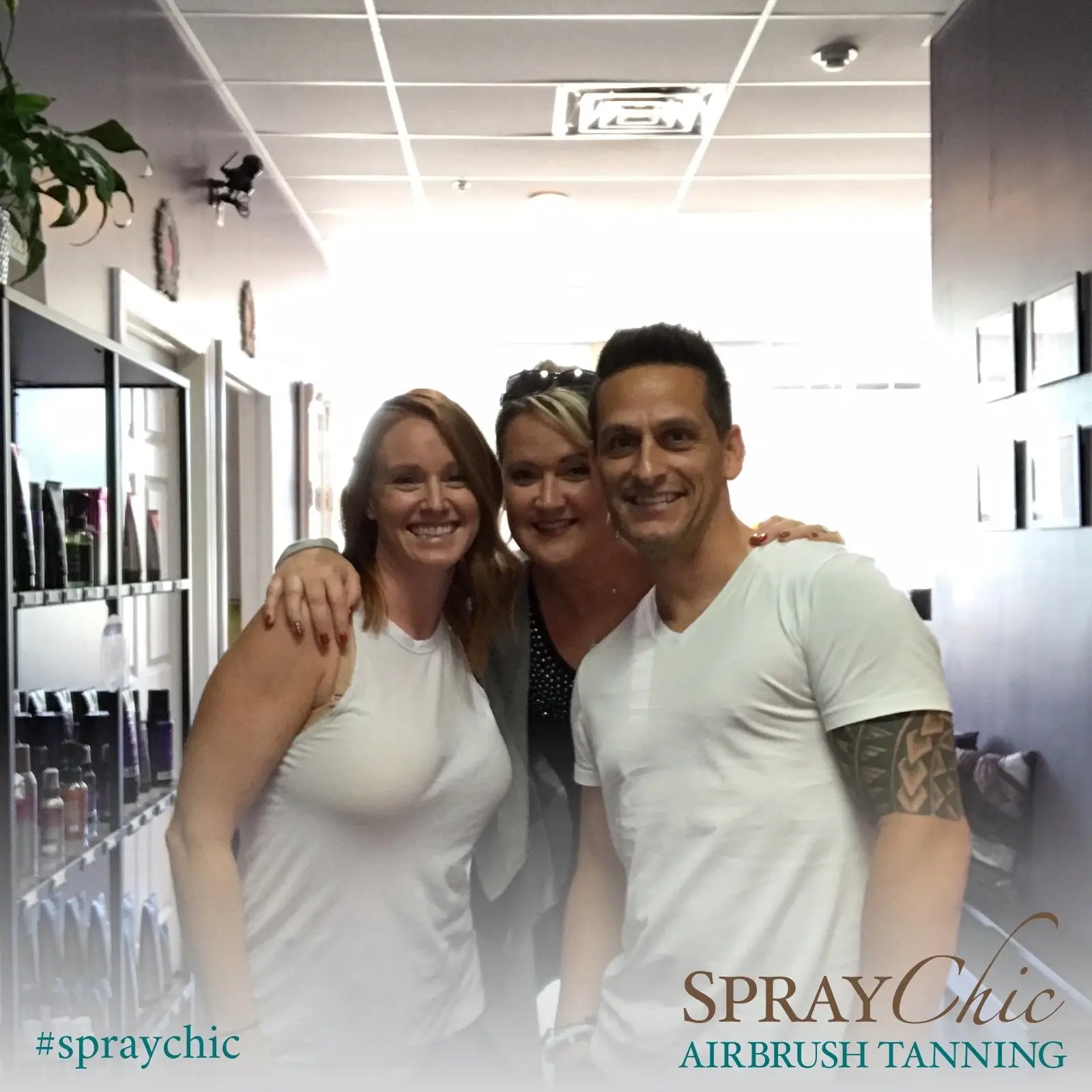 Carissa Osburn pictured with Brandon and Tennille Cardinal of Norvell, leaders in professional spray tanning, at SprayChic Airbrush Tanning.