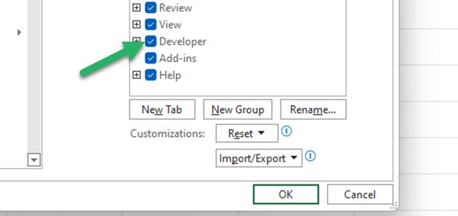 2 – Add Developer tab Checkbox in Excel - Add Developer tab in Excel