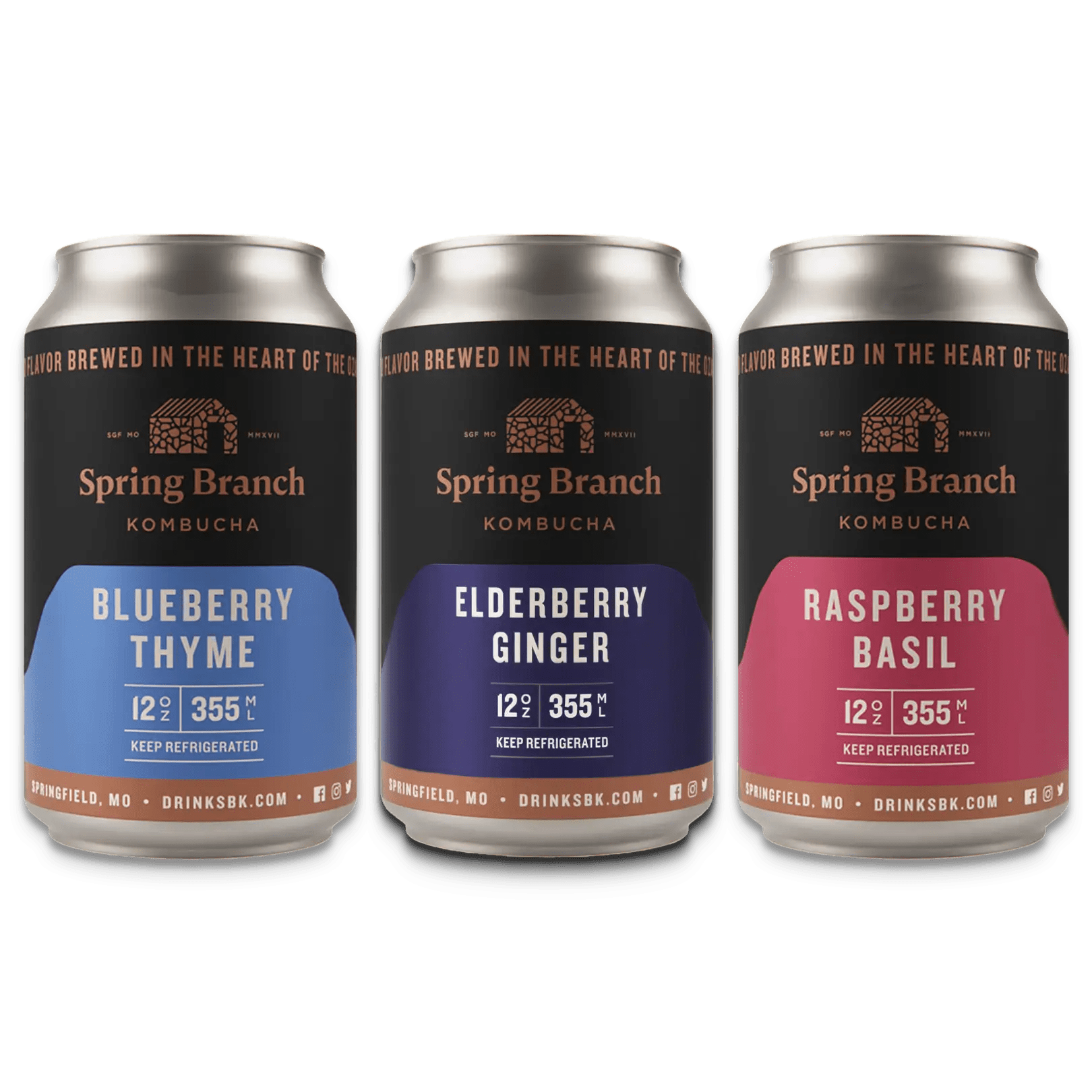 A variety 12-pack of Spring Branch Kombucha featuring the Berry Trio with three flavors: Blueberry Thyme, Elderberry Ginger, and Raspberry Basil. Each can has unique color accents to represent its flavor.