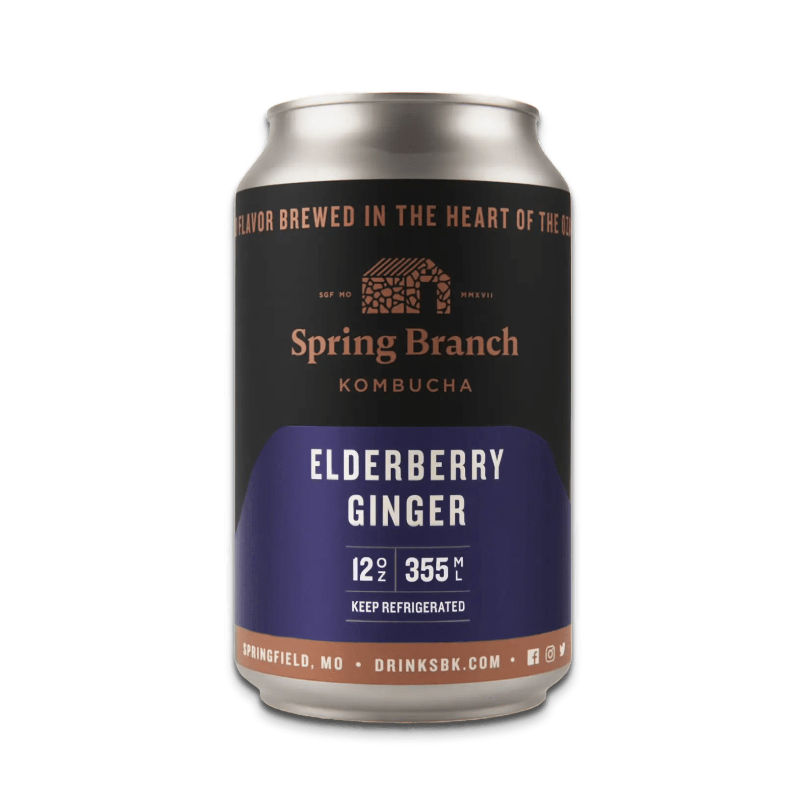 A 12 oz can of Spring Branch Kombucha featuring the Elderberry Ginger flavor. The can has a deep blue and black design with copper accents, showcasing the brand logo and flavor name.