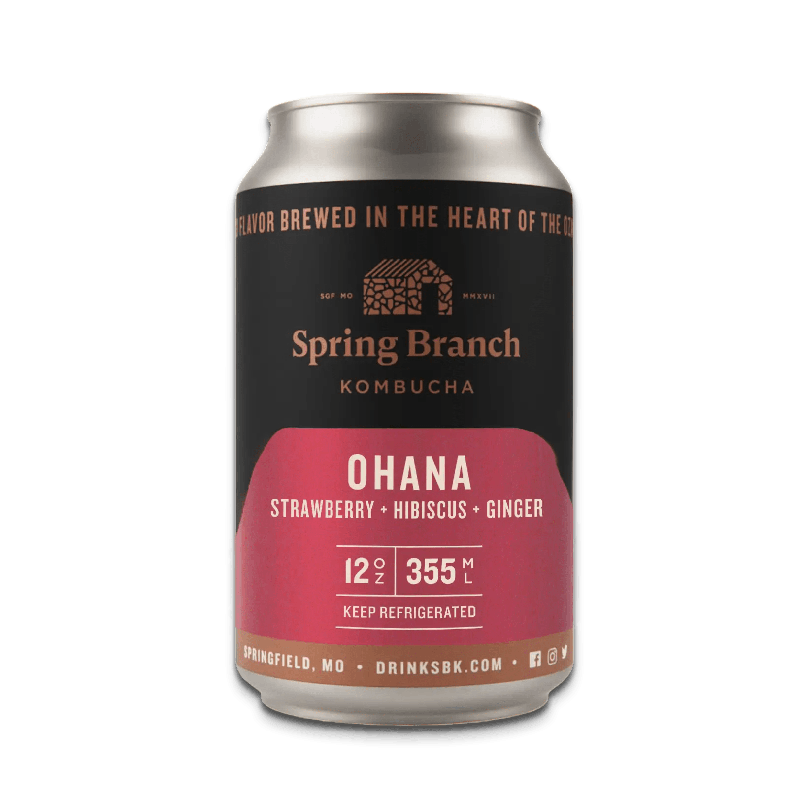 A 12 oz can of Spring Branch Kombucha featuring the Ohana flavor, made with hibiscus, strawberry, and ginger. The can has a bright red and black design with copper accents, showcasing the brand logo and flavor name.