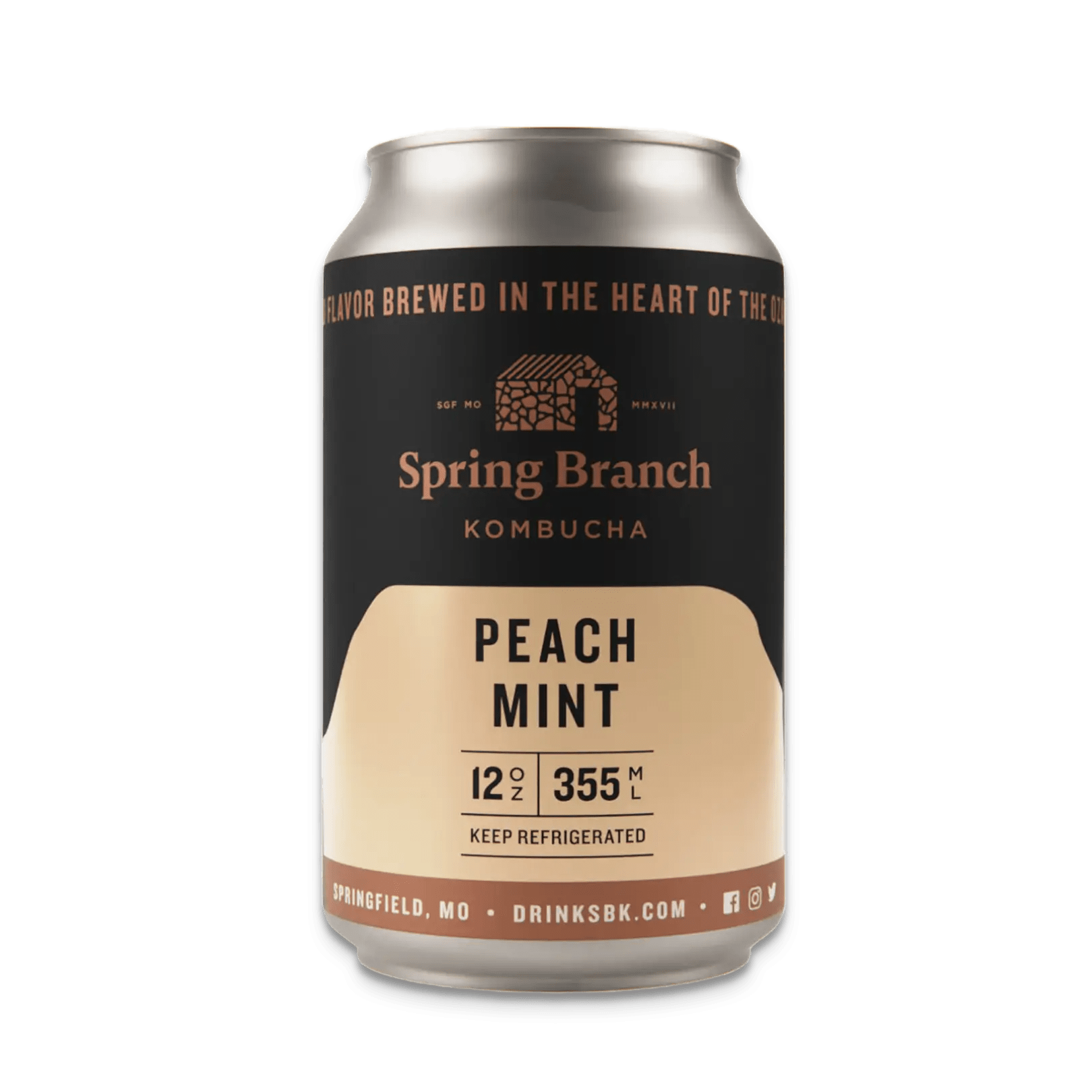 A 12 oz can of Spring Branch Kombucha featuring the Peach Mint flavor. The can has a soft beige and black design with copper accents, showcasing the brand logo and flavor name.