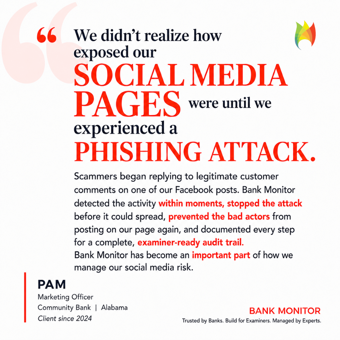 testimonial from Pam Marketing Manager from a bank in Alabama who is on Bank Monitor