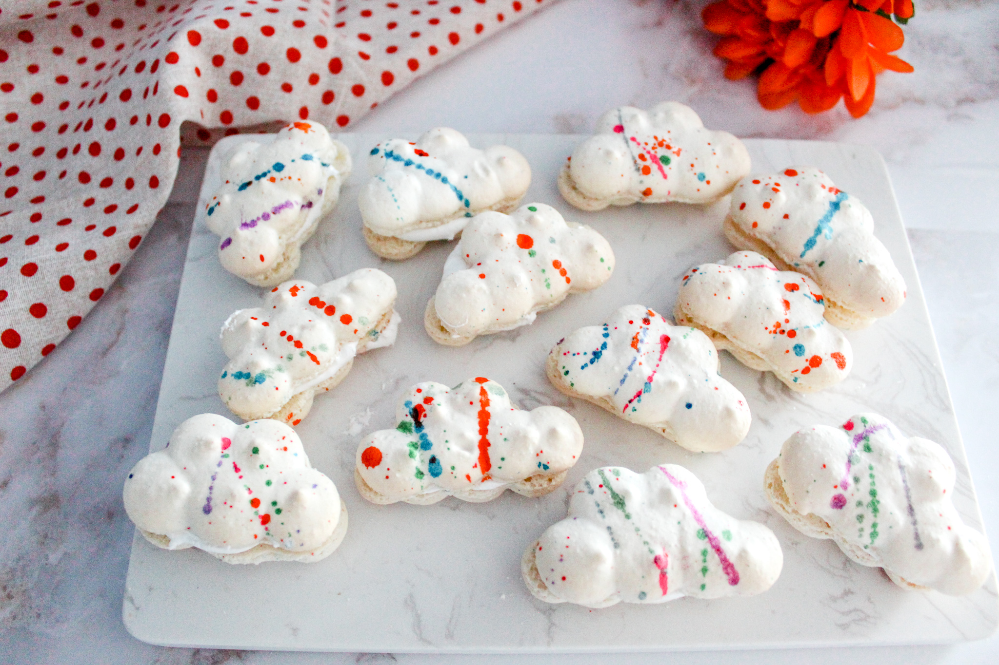 colorful cloud macarons with template sprinkles scribbles