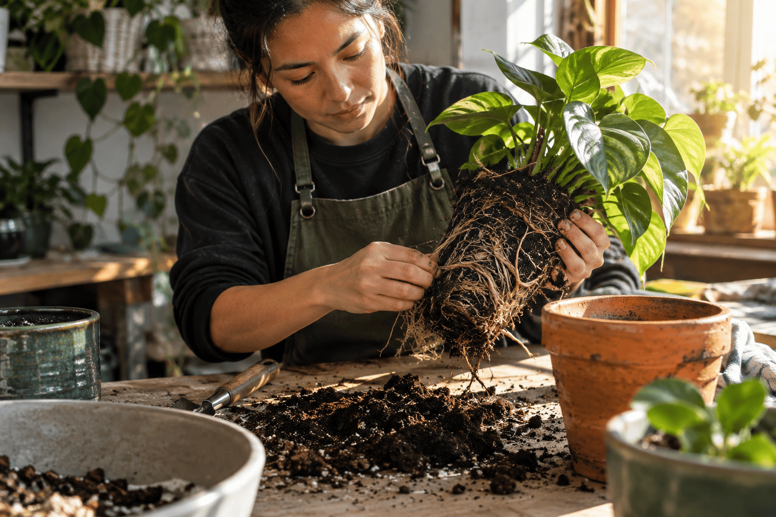 A person is repotting a leafy houseplant with its exposed root ball over a worktable covered in soil and pots.