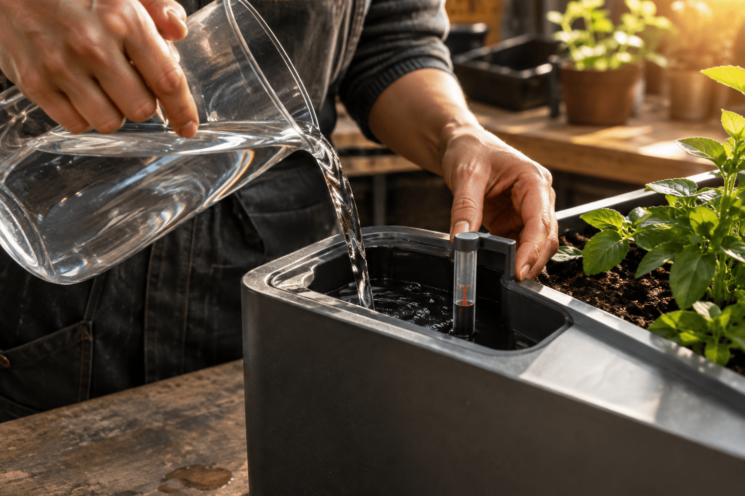 A person pours water from a clear pitcher into the reservoir of a self-watering planter beside green plants.