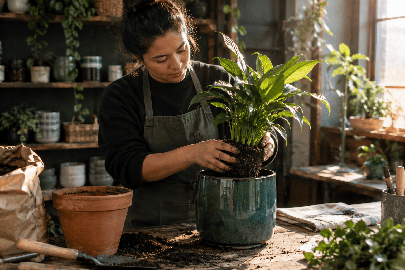 A woman repots a leafy plant into a glazed blue planter beside an empty terracotta pot.