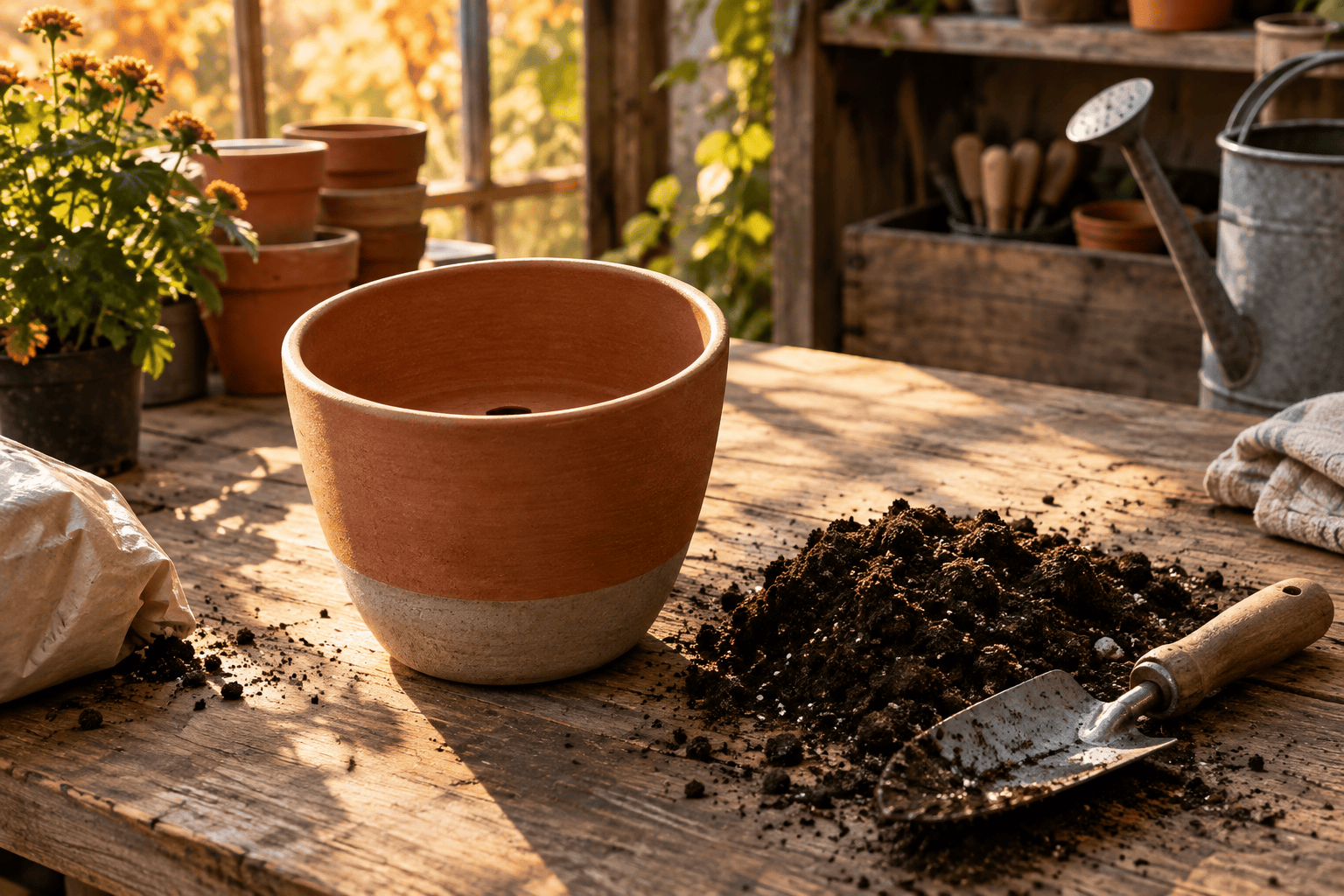 A ceramic plant pot with a visible drainage hole sits on a wooden potting bench beside soil and a hand trowel.
