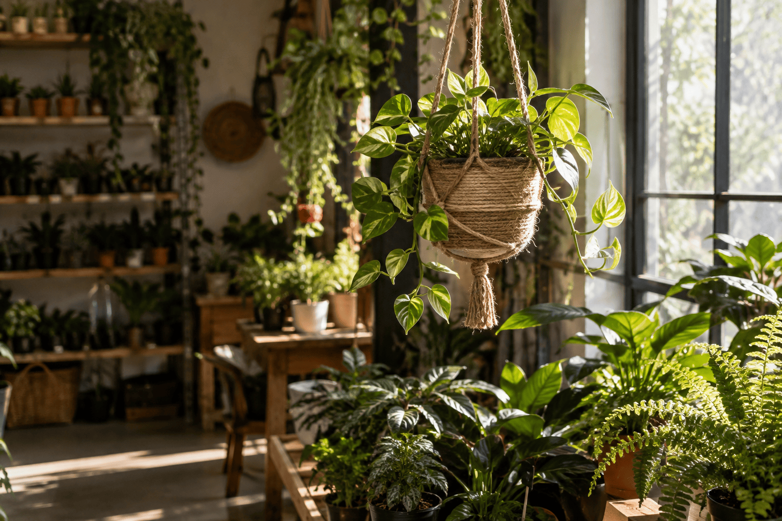 A woven jute planter hangs from the ceiling among lush indoor plants in a sunlit plant shop.