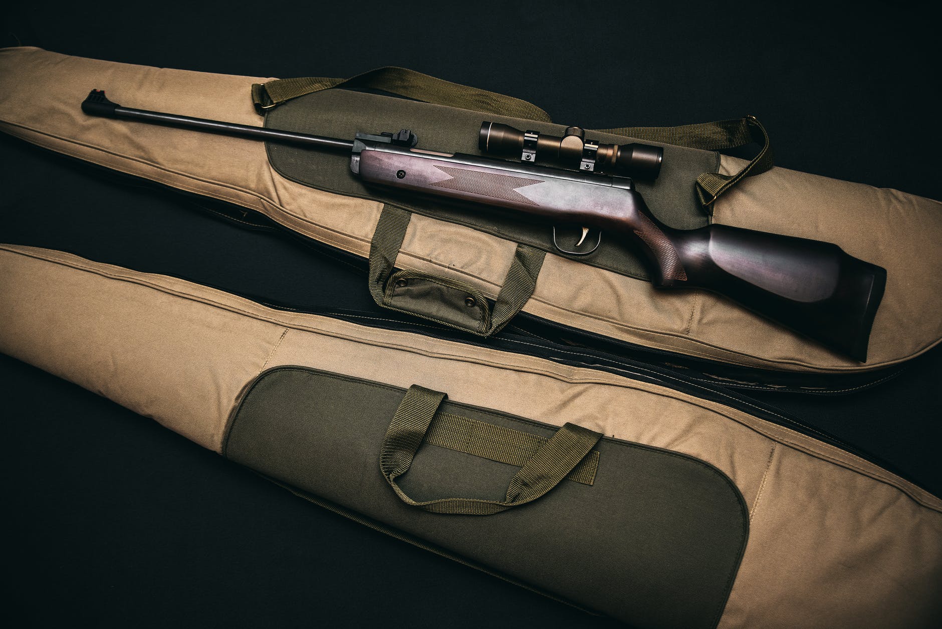 black rifle with scope and brown gig bag