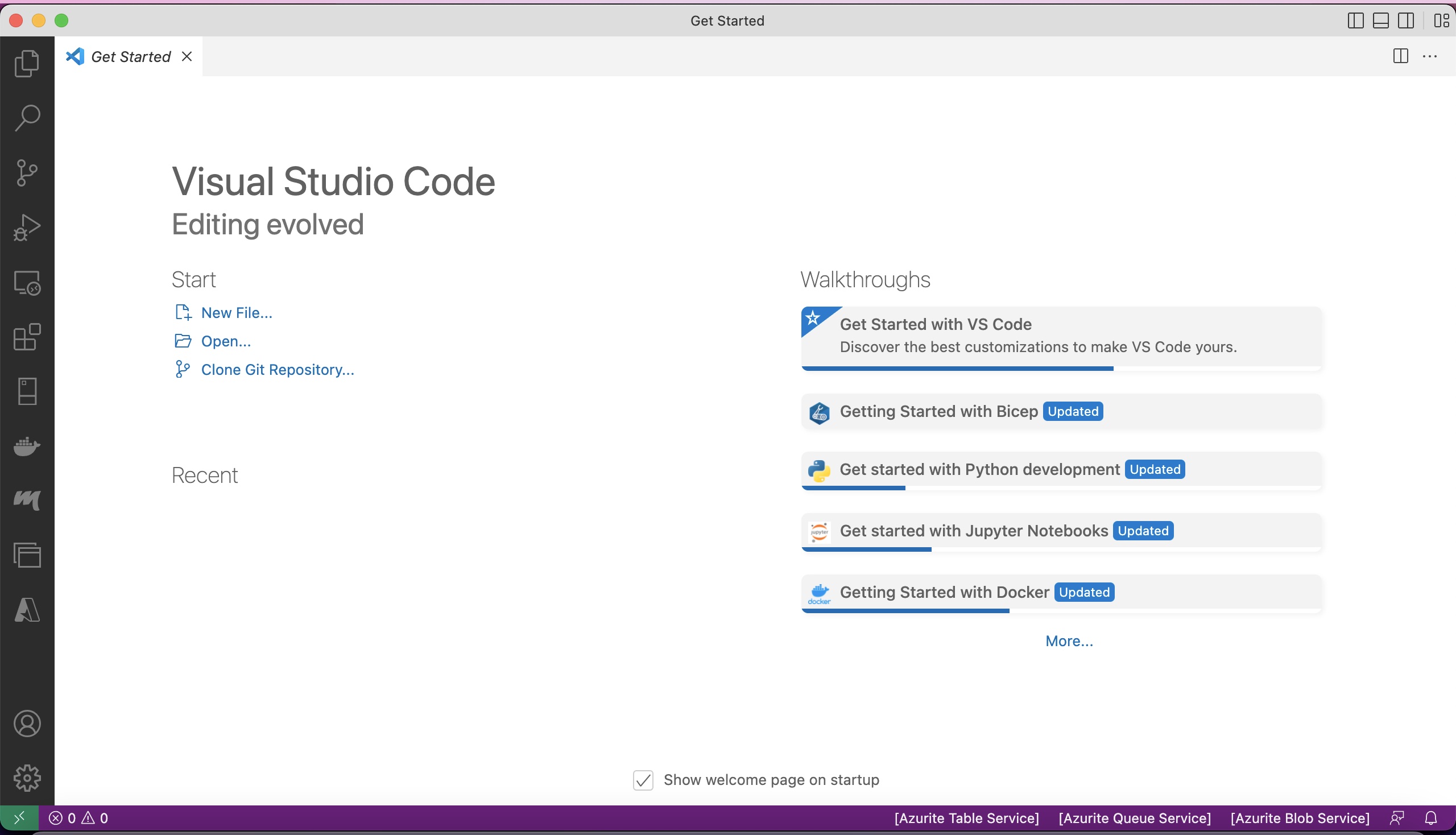 VS Code start up screen