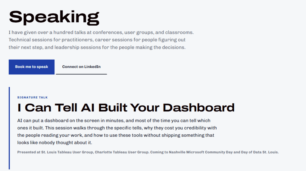 The Speaking page on sqlsekou.com, featuring the signature talk I Can Tell AI Built Your Dashboard and a direct booking link