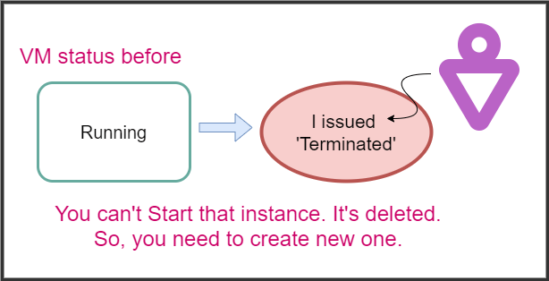When you issue Terminate, the instance gets deleted. You can't start that machine.