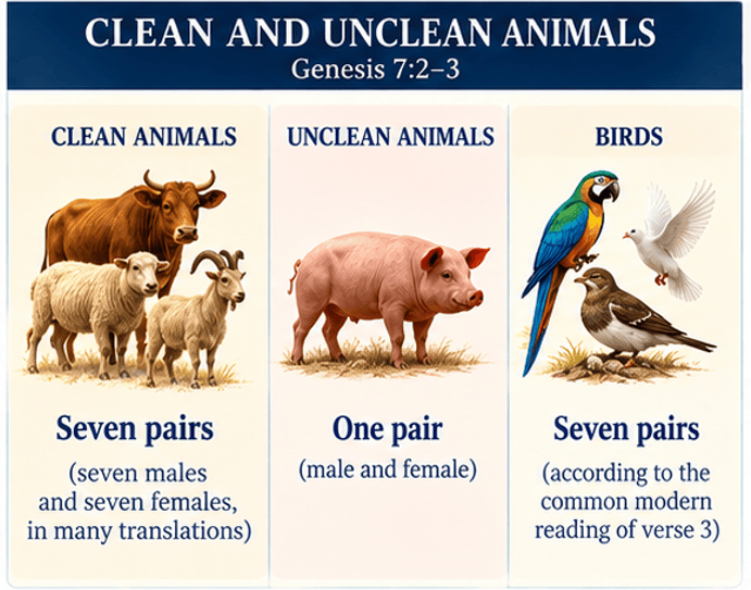Illustration accompanying Genesis 7:2–3 on clean and unclean animals