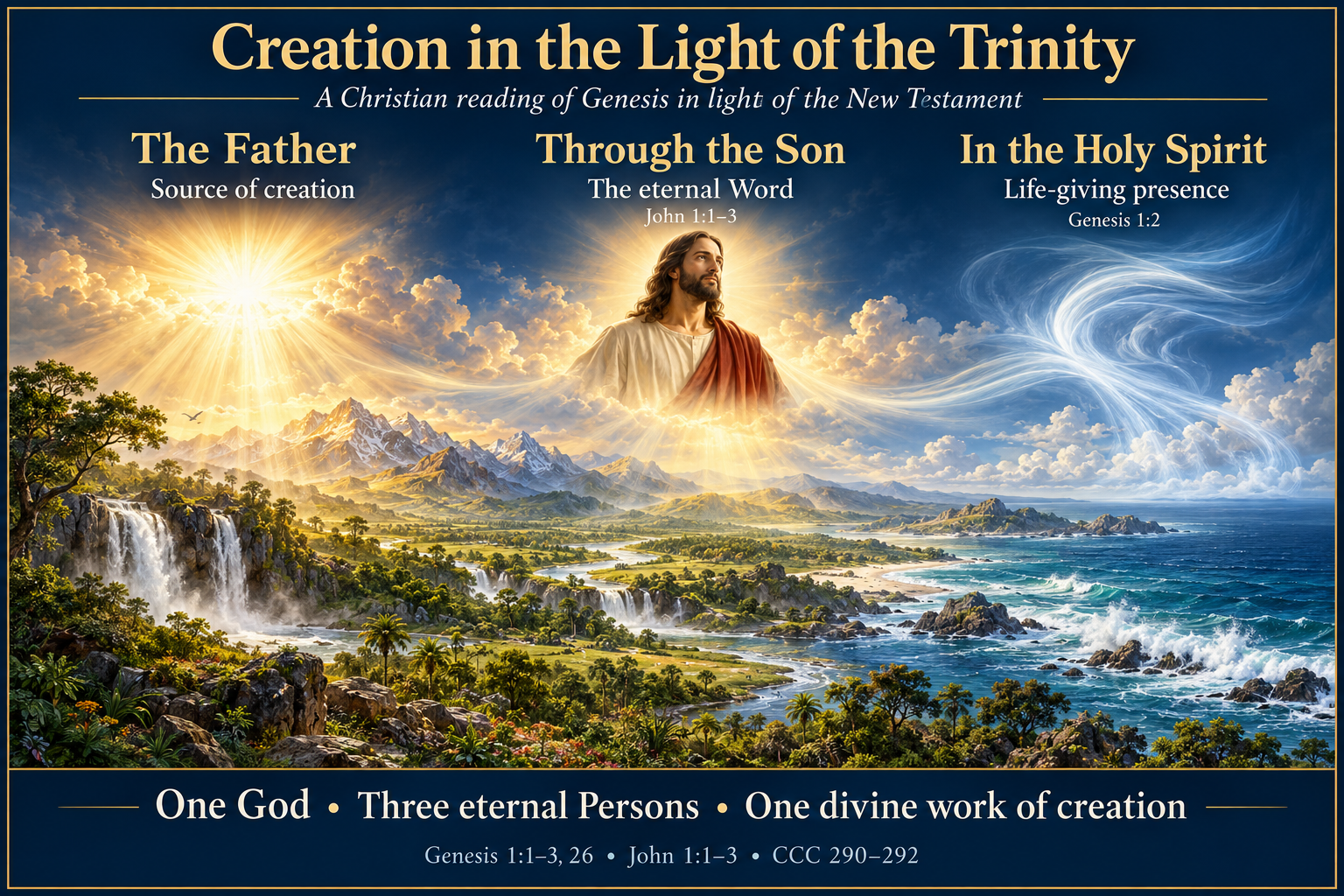 A Christian theological illustration of the Father through the Son in the Holy Spirit and one shared creation