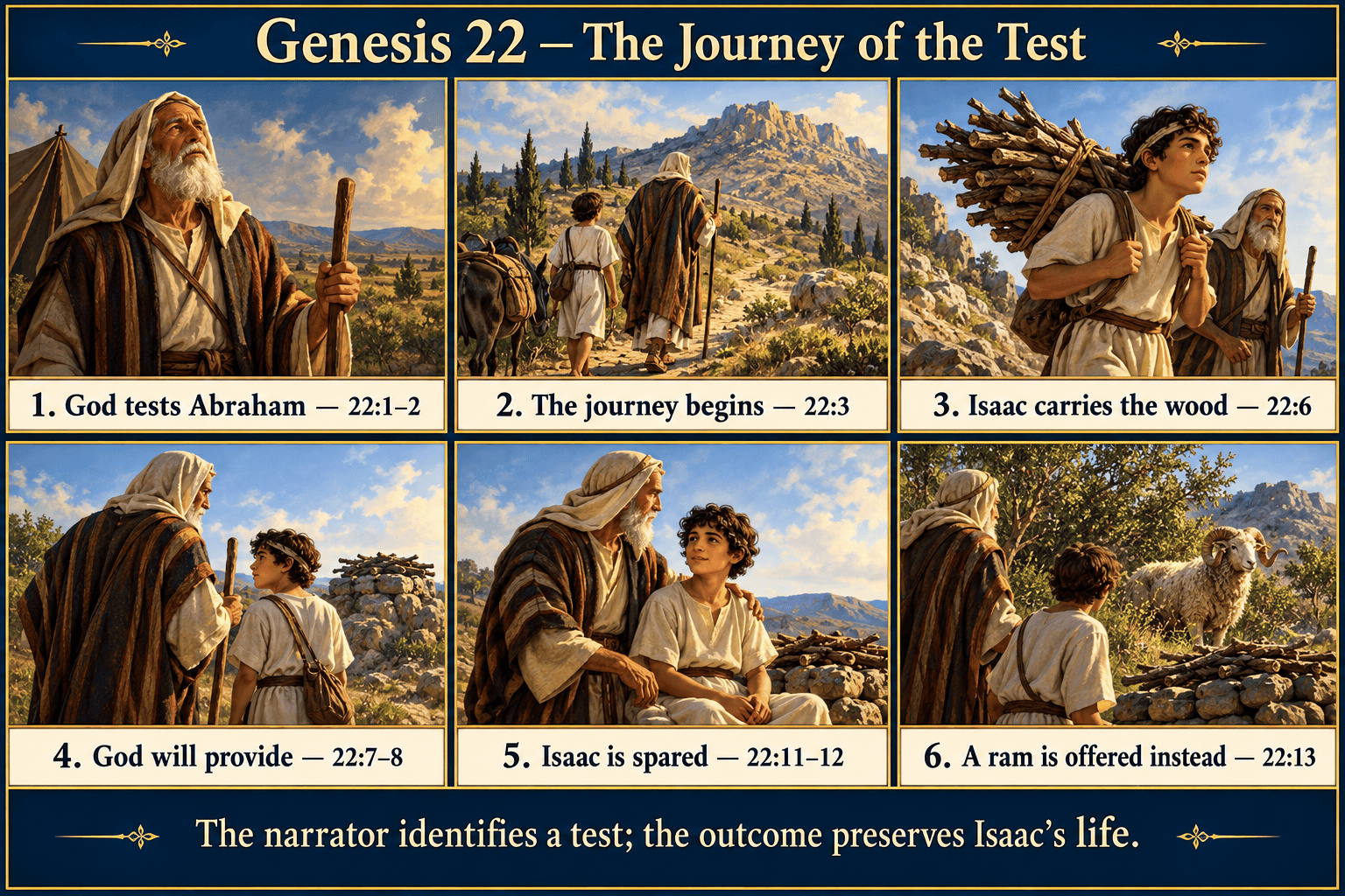 Six scenes from the test through Isaac being spared and the ram provided