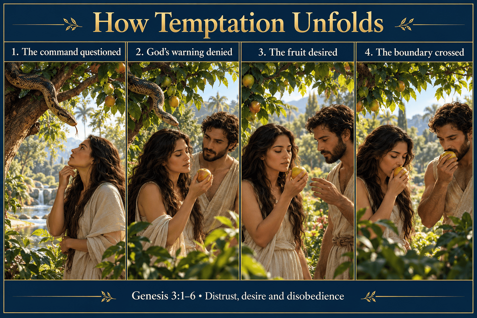 Four panels showing questioning denial desire and disobedience